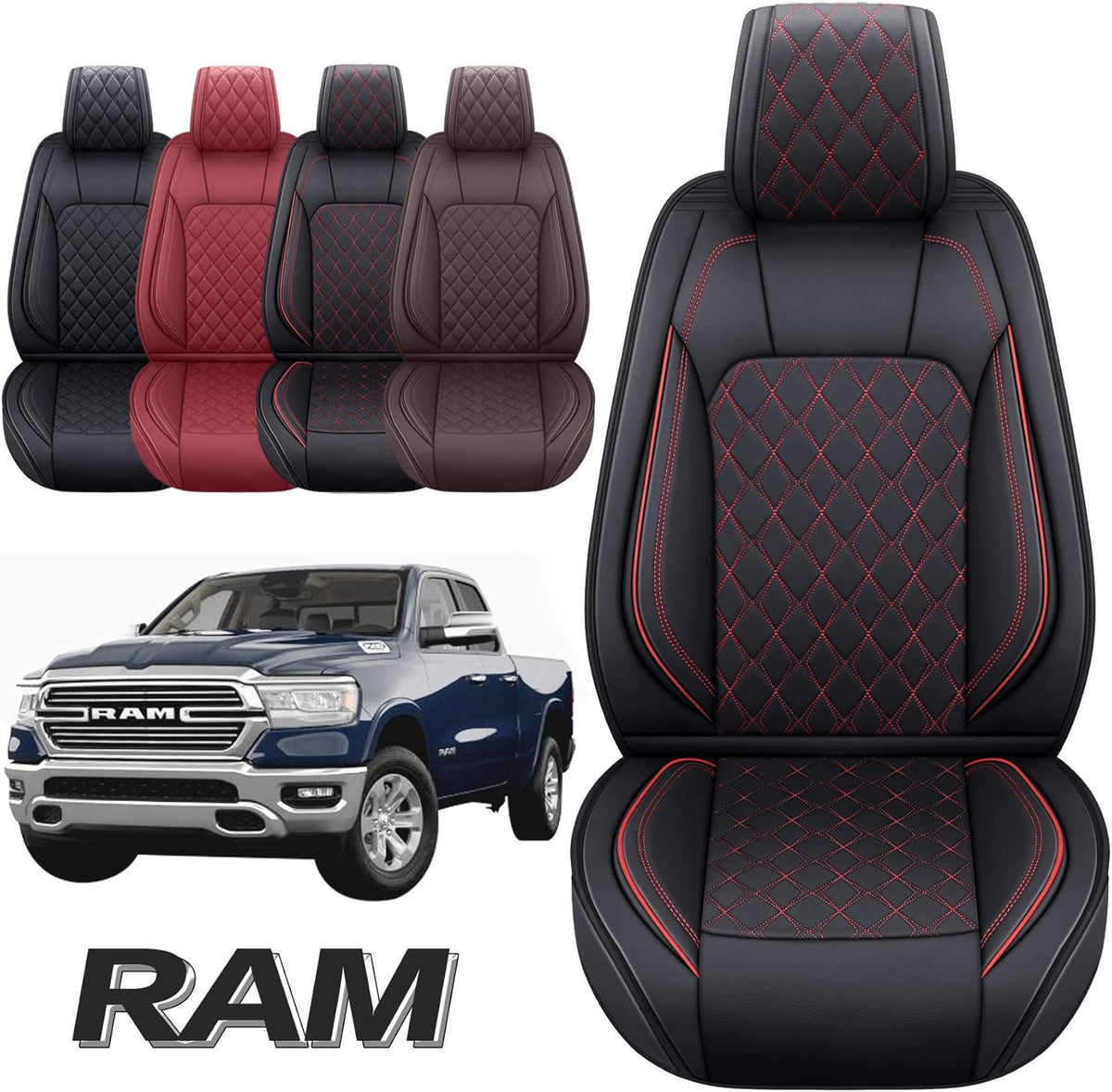 Black-Red Waterproof Leather Front Seat Covers for Dodge Ram Pickup W6797