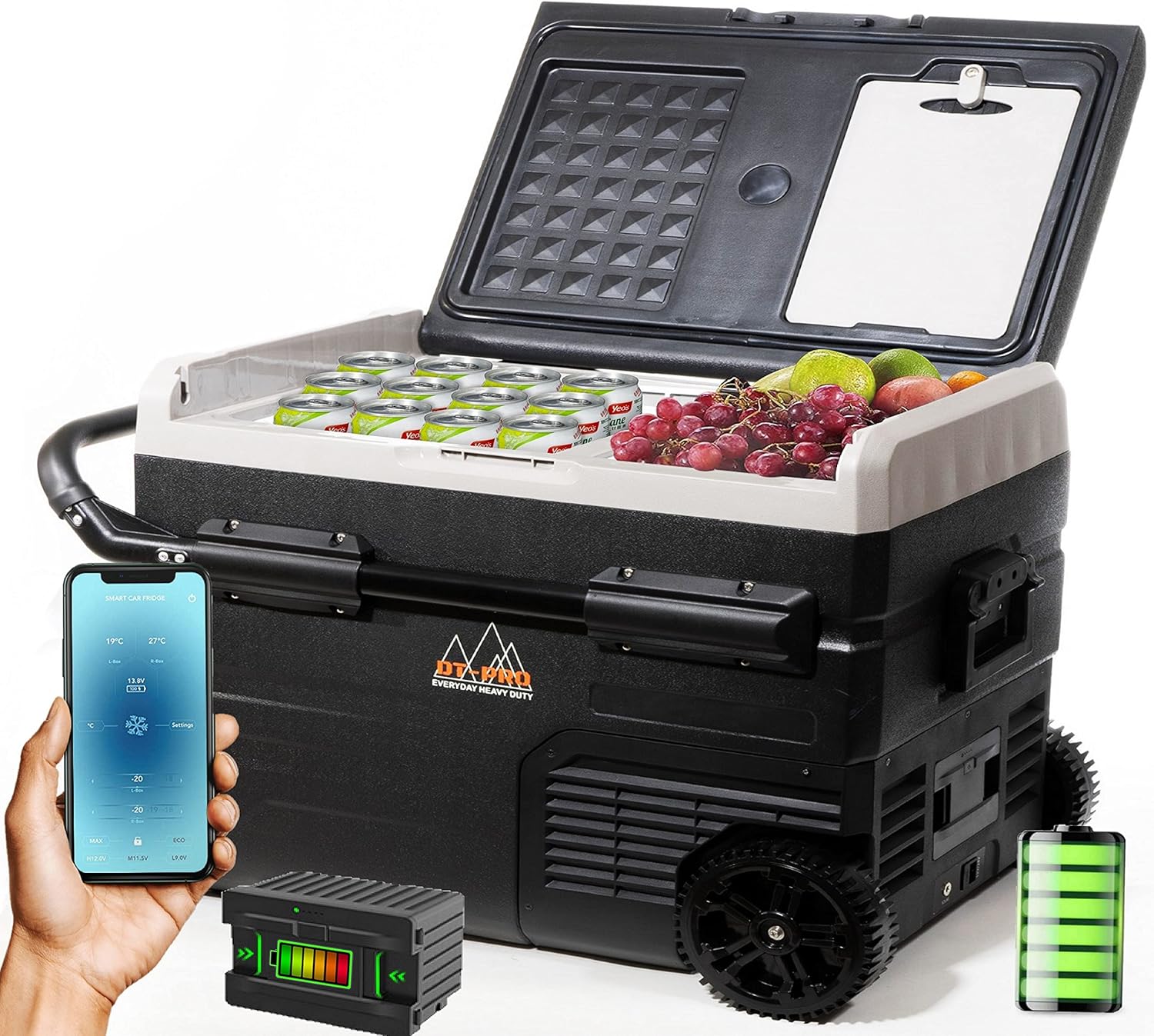 Portable Battery Operated Camping Fridge with Wheels, Dual Zone Freezer H2737
