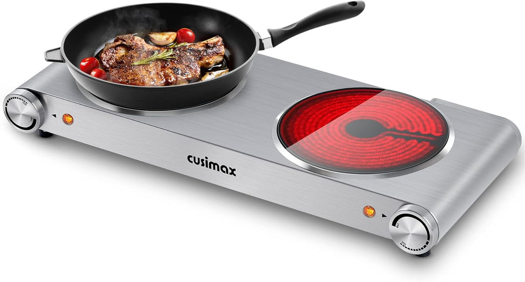Electric Hot Plate 1500W Single Burner Cast Iron Portable Stove with Adjustable Temperature Control Silver Stainless Steel Non-Slip Rubber Feet Pack of 2 M864599