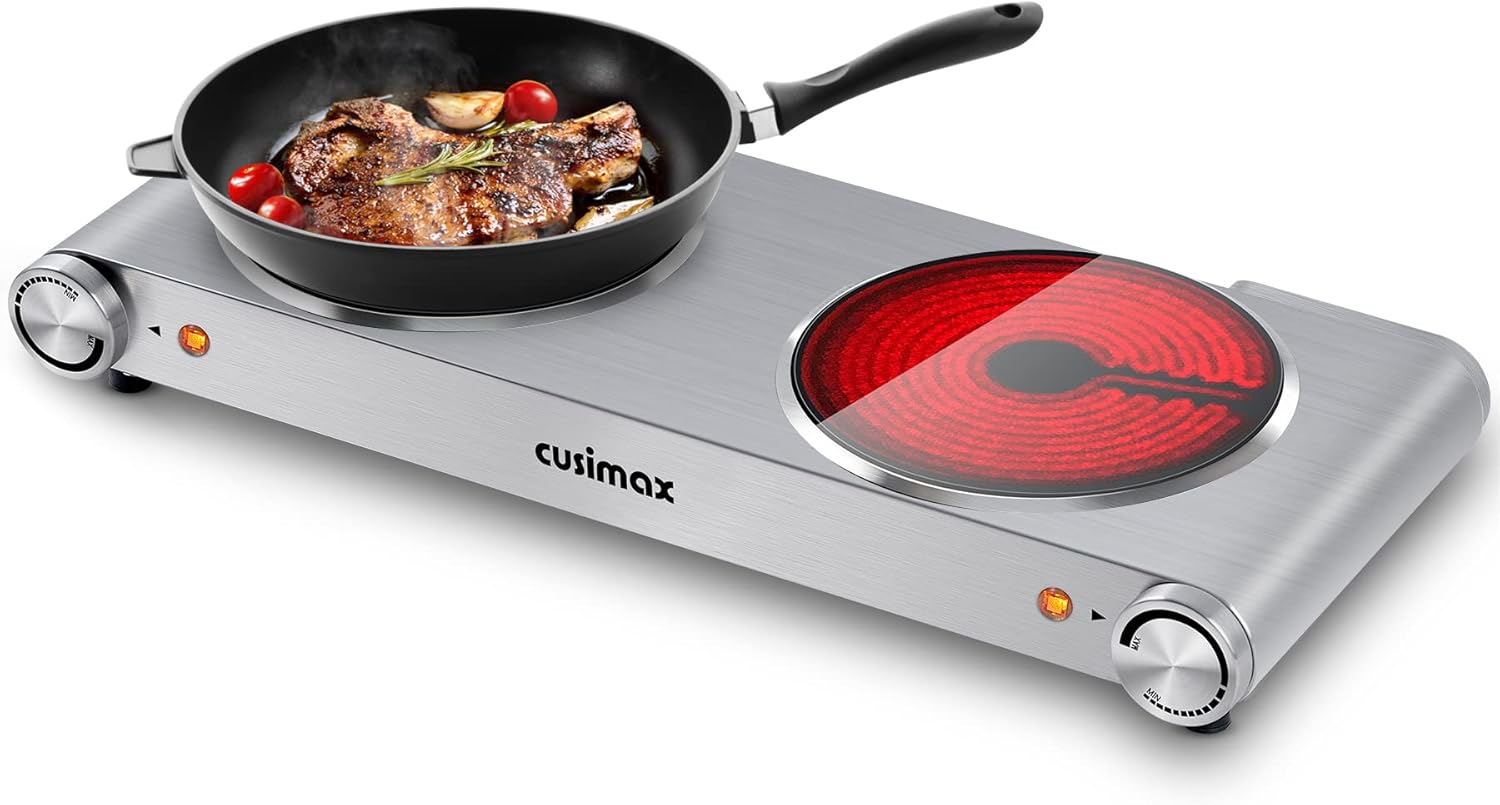 Electric Hot Plate 1500W Single Burner Cast Iron Portable Stove with Adjustable Temperature Control Silver Stainless Steel Non-Slip Rubber Feet Pack of 2 M864599