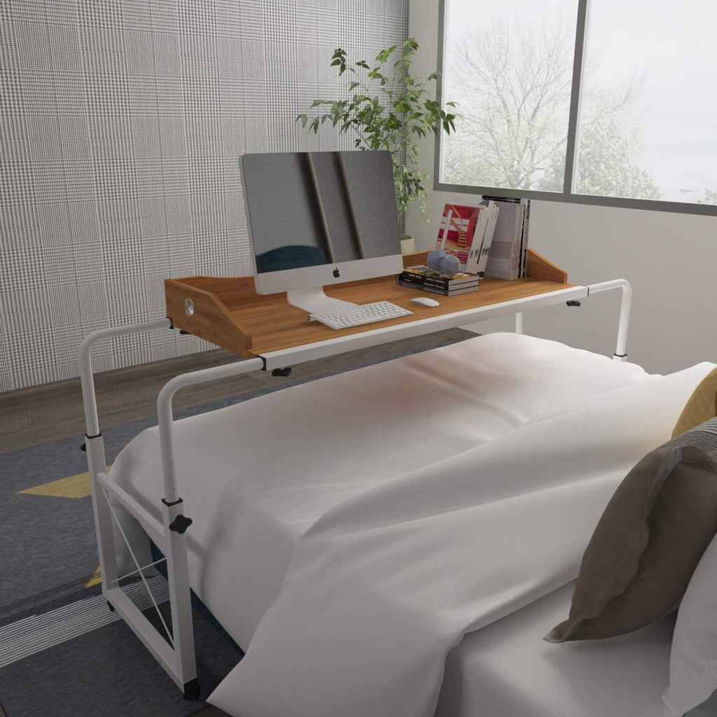 Overbed Table with Wheels Adjustable Writing Desk with Keyboard Drawer Rolling Laptop Stand Computer Desk 78.7" Wide Wood Grain N3128