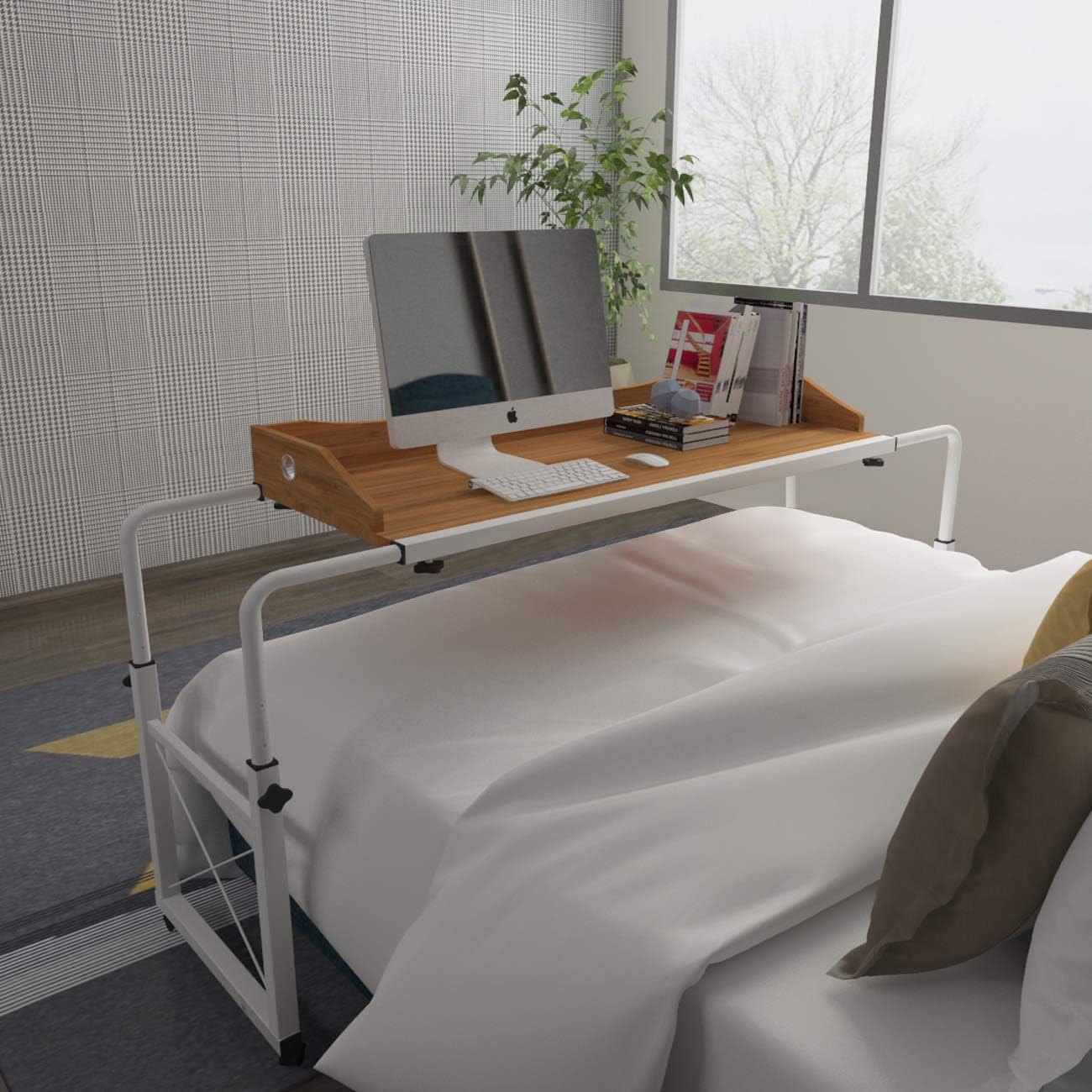 Overbed Table with Wheels Adjustable Writing Desk with Keyboard Drawer Rolling Laptop Stand Computer Desk 78.7" Wide Wood Grain N3128