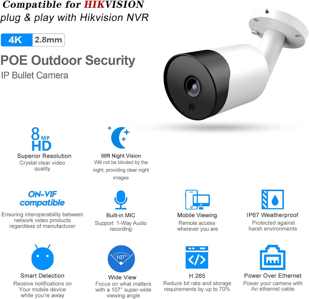 Outdoor 8MP Bullet PoE IP Camera with Built-in Mic, 2.8mm Fixed Lens, 98ft Night Vision, IP67 Waterproof H246732