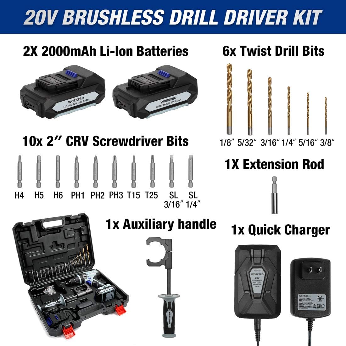 20V Brushless Cordless Drill with 2 Batteries 2.0 Ah and Auxiliary Handle G9014