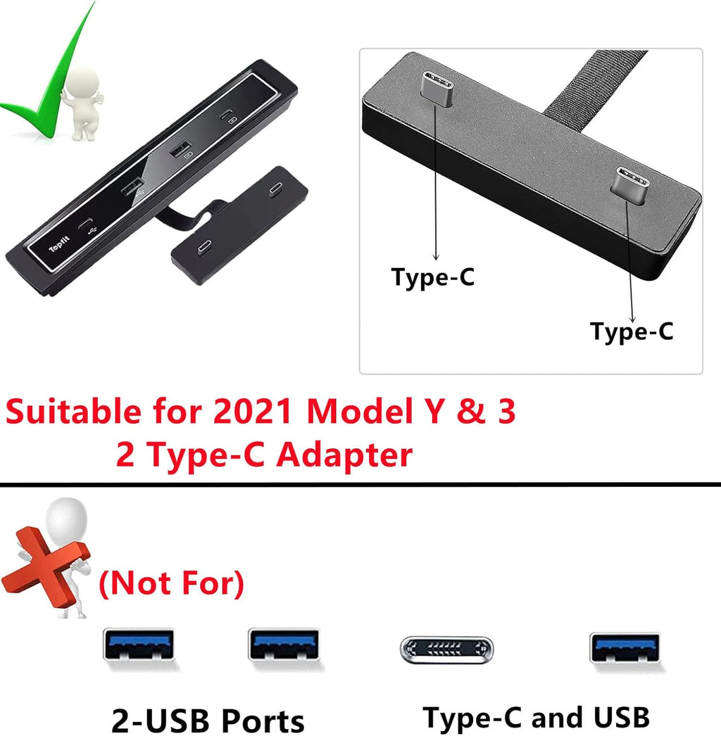 Black Pack of 2 USB Hub Center Console Adapter for Tesla Model Y Model 3 W775