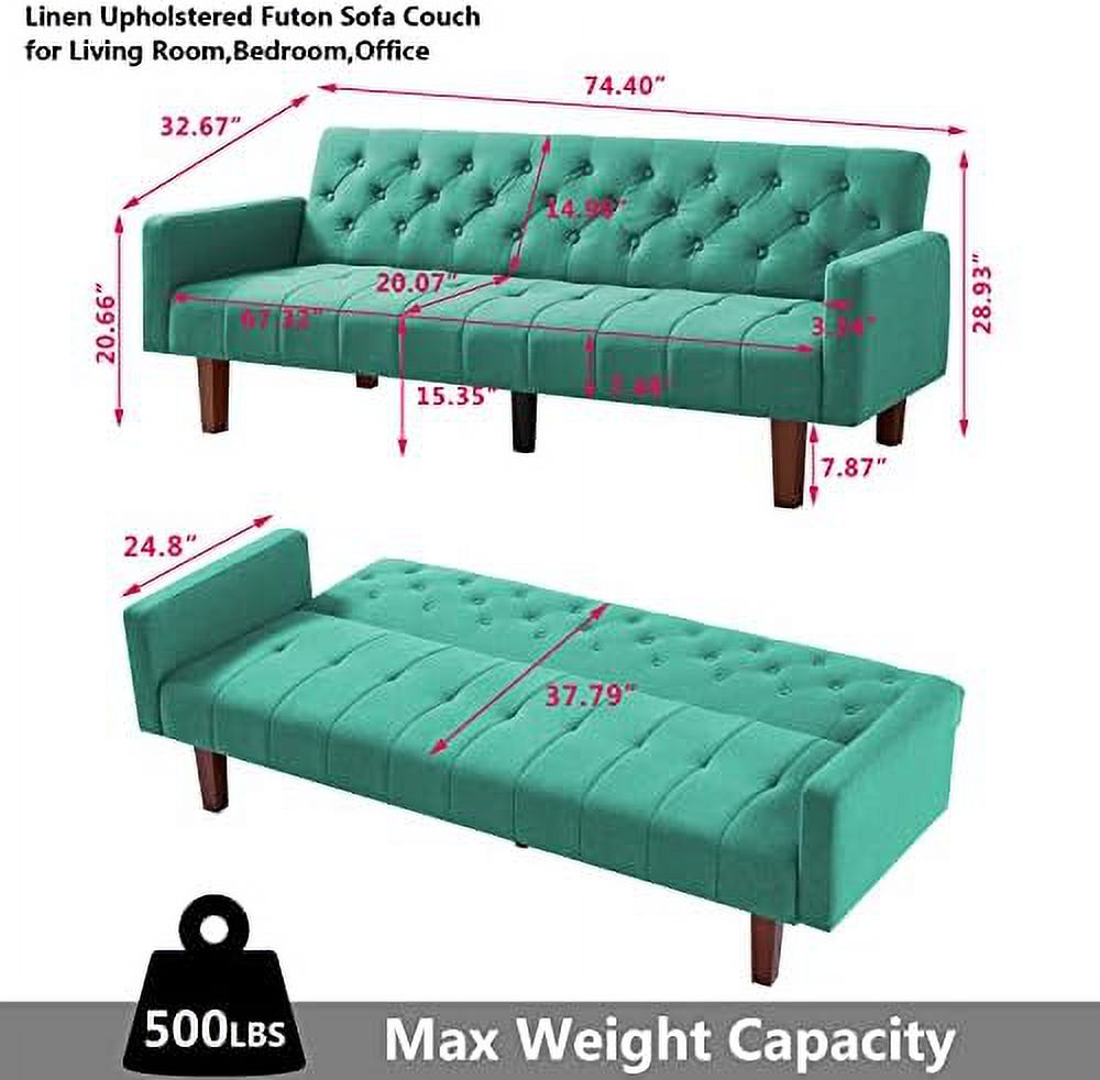 Green Linen Upholstered Convertible Sofa Bed 74" 3 Seater R8984