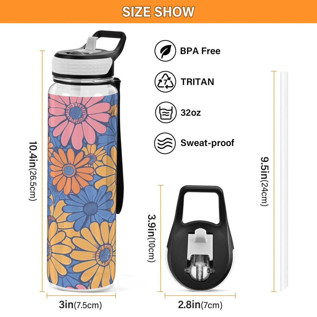 Blue and Pink Flowers 32oz Tritan Sports Water Bottle with Straw R168