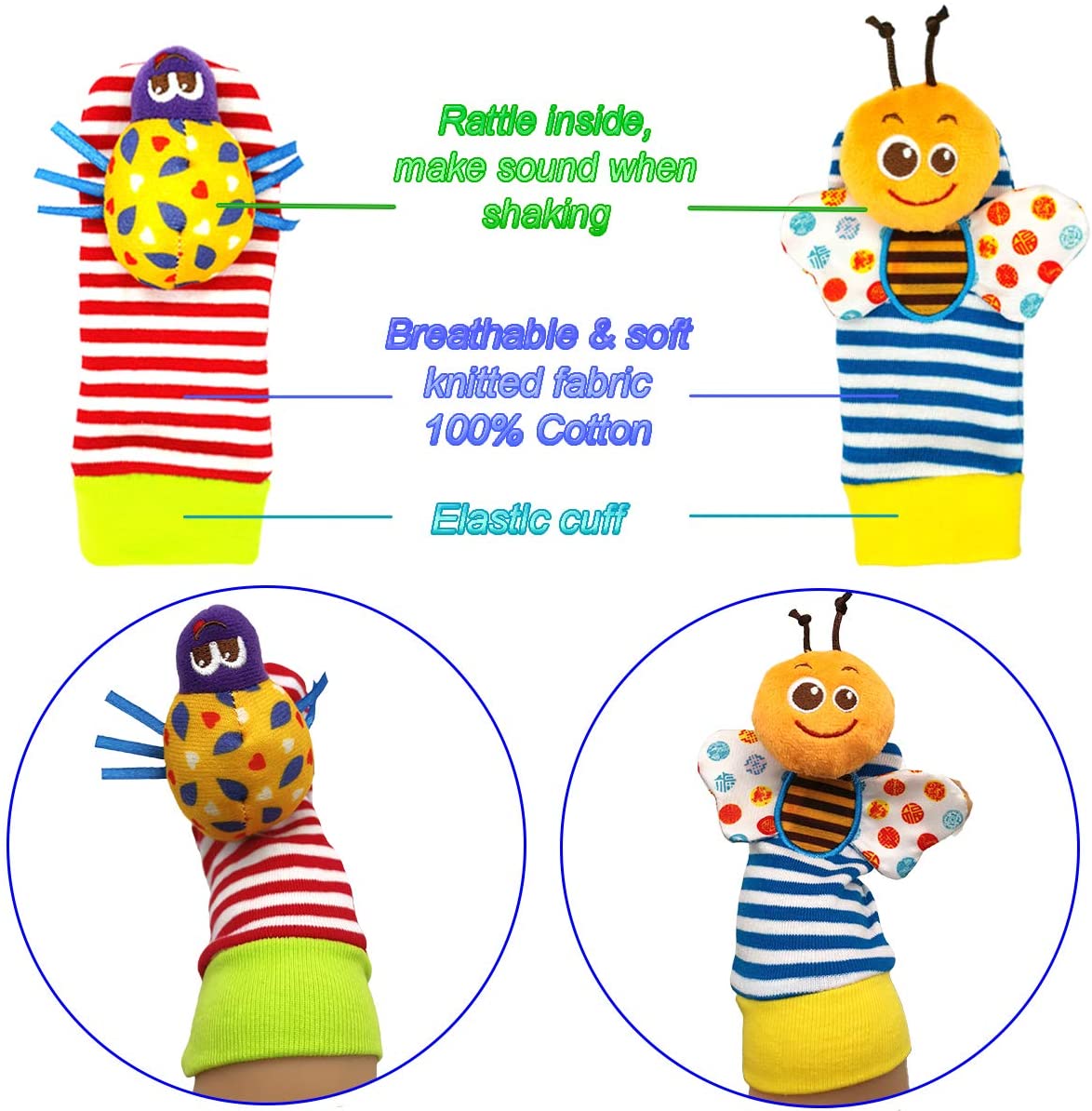 6 Pcs Baby Wrist Rattle & Foot Finder Socks Soft Plush Animal Doll B64279