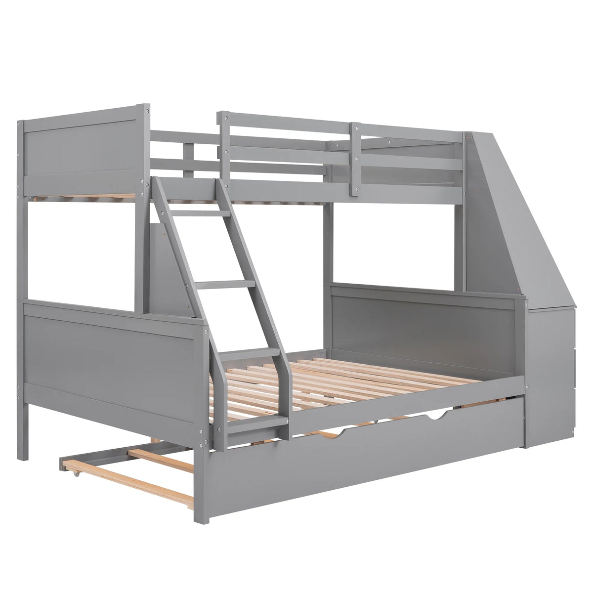Twin over Full Bunk Bed with Trundle, Desk, 3 Drawers, Gray P9857
