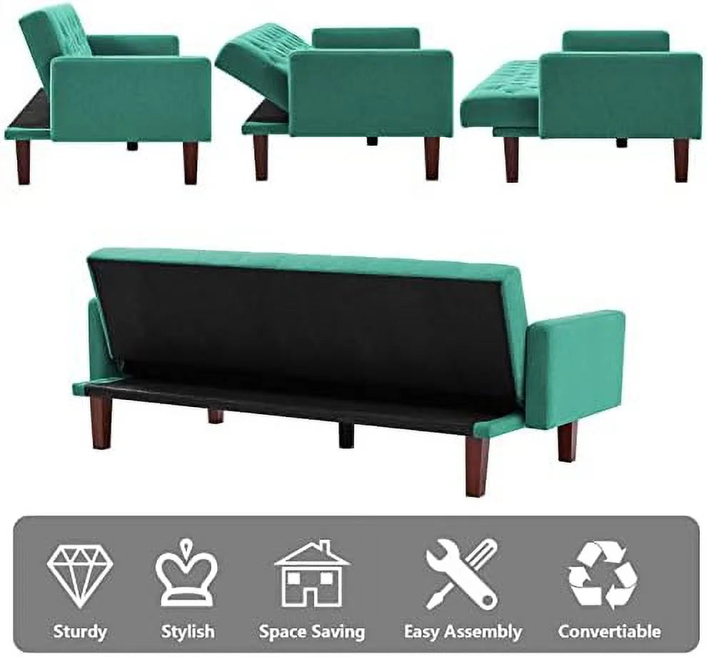 Green Linen Upholstered Convertible Sofa Bed 74" 3 Seater R8984