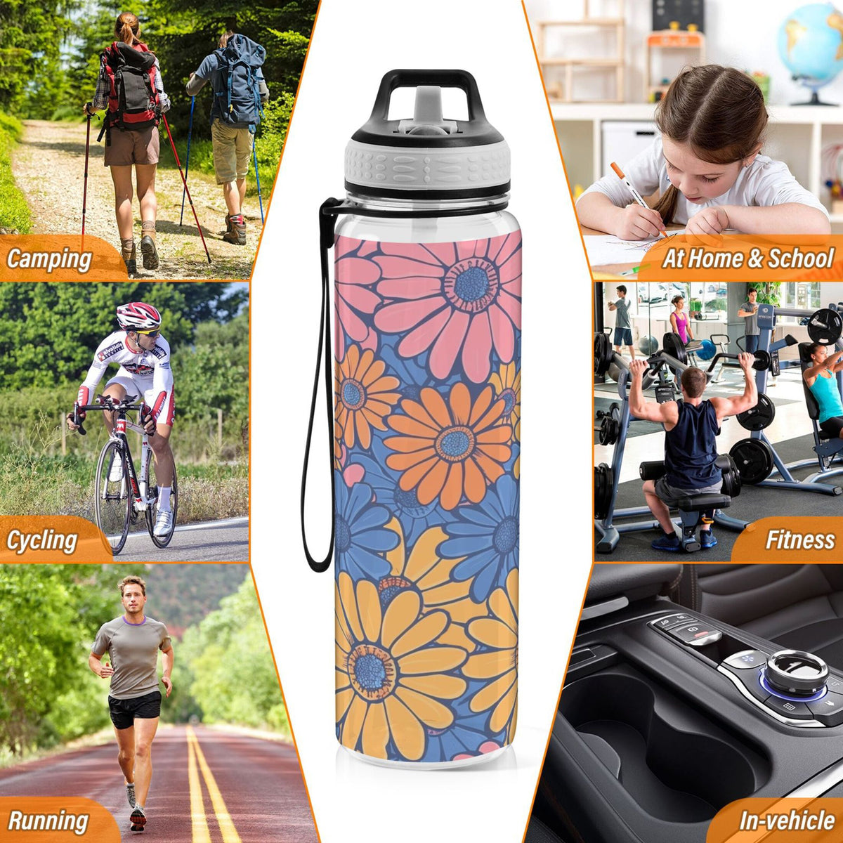 Blue and Pink Flowers 32oz Tritan Sports Water Bottle with Straw R168