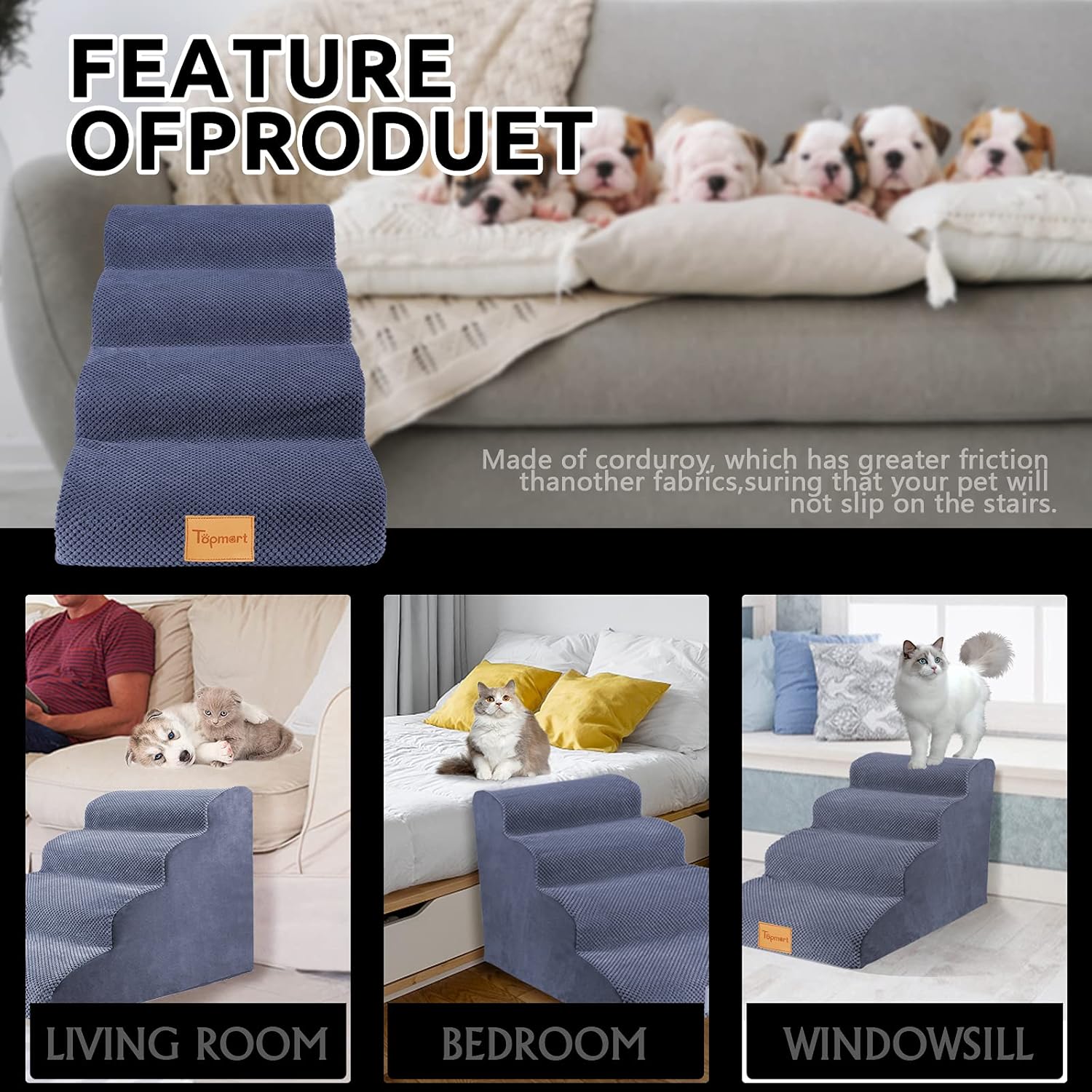 High Density Foam Dog Steps 4 Tiers, Non-Slip Pet Stairs W678