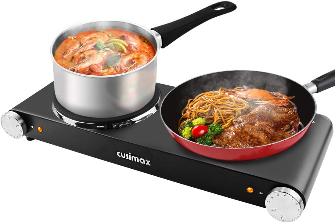 Electric Hot Plate 1500W Single Burner Cast Iron Portable Stove with Adjustable Temperature Control Silver Stainless Steel Non-Slip Rubber Feet Pack of 2 M864599
