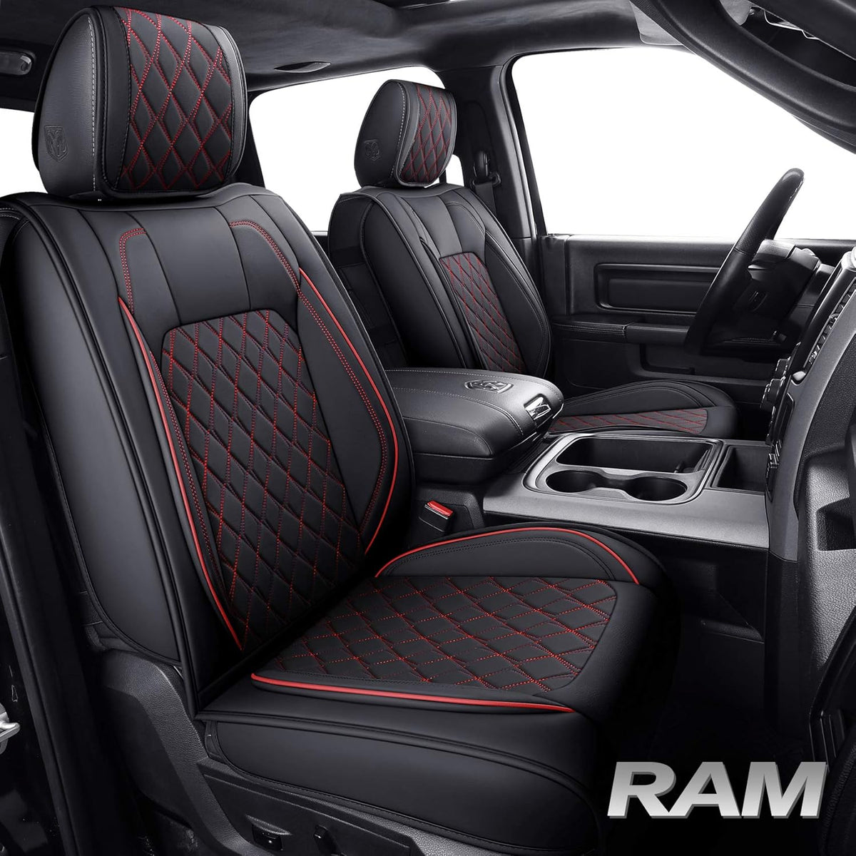 Black-Red Waterproof Leather Front Seat Covers for Dodge Ram Pickup W6797
