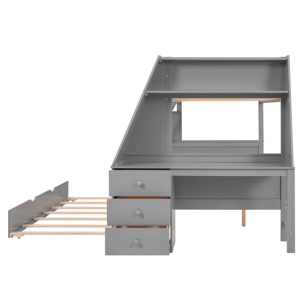 Twin over Full Bunk Bed with Trundle, Desk, 3 Drawers, Gray P9857