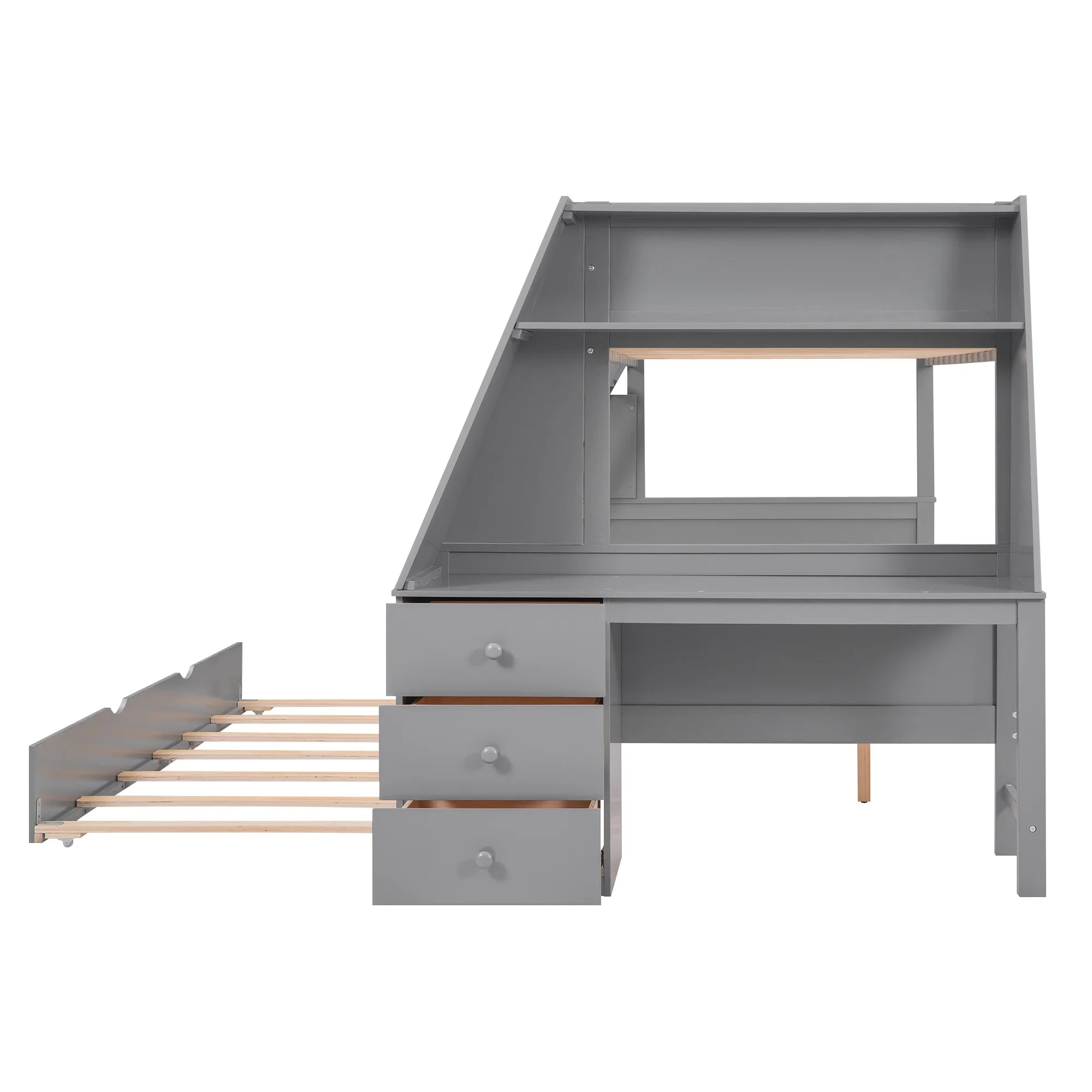 Twin over Full Bunk Bed with Trundle, Desk, 3 Drawers, Gray P9857