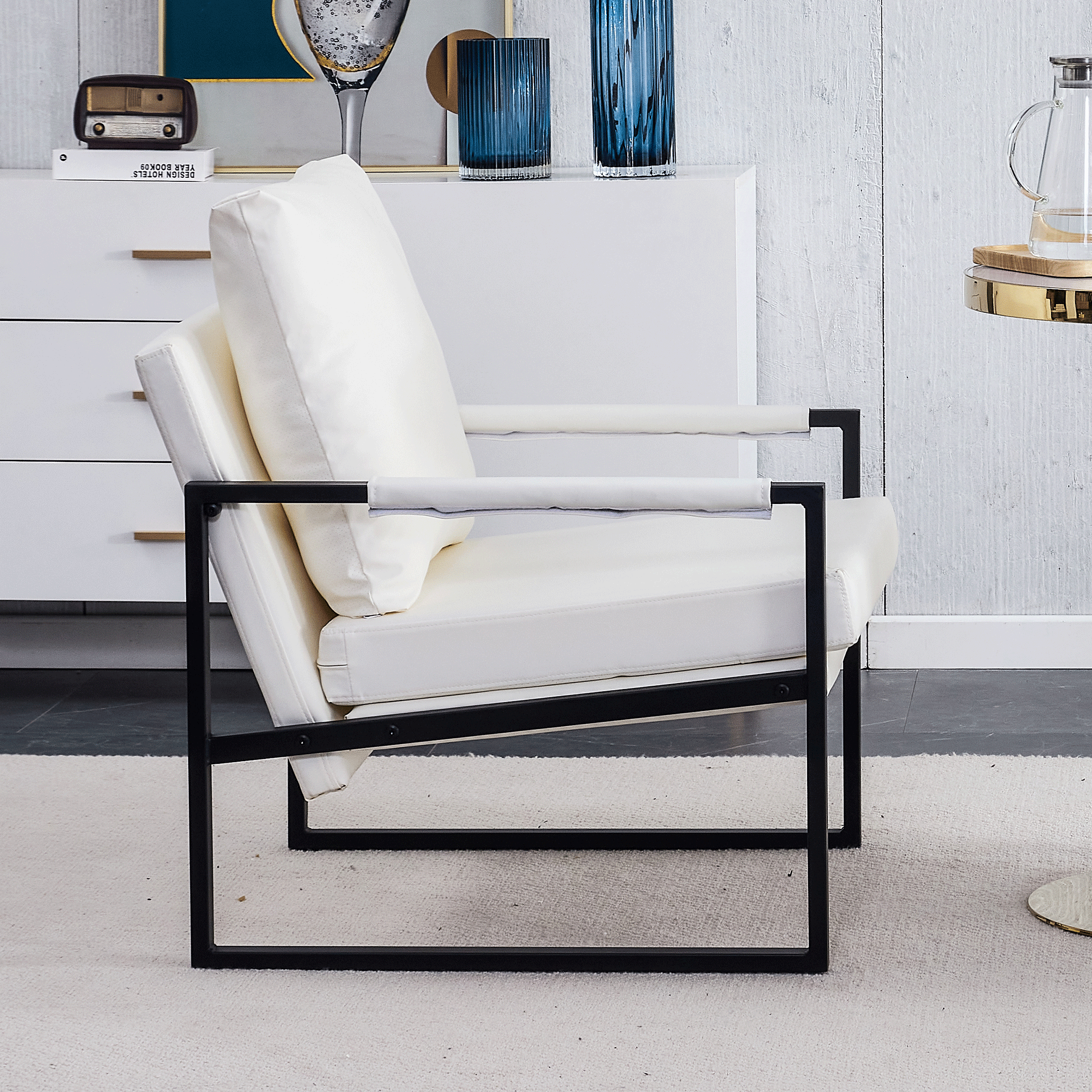 White PU Leather Upholstered Armchair with Metal Frame S15188