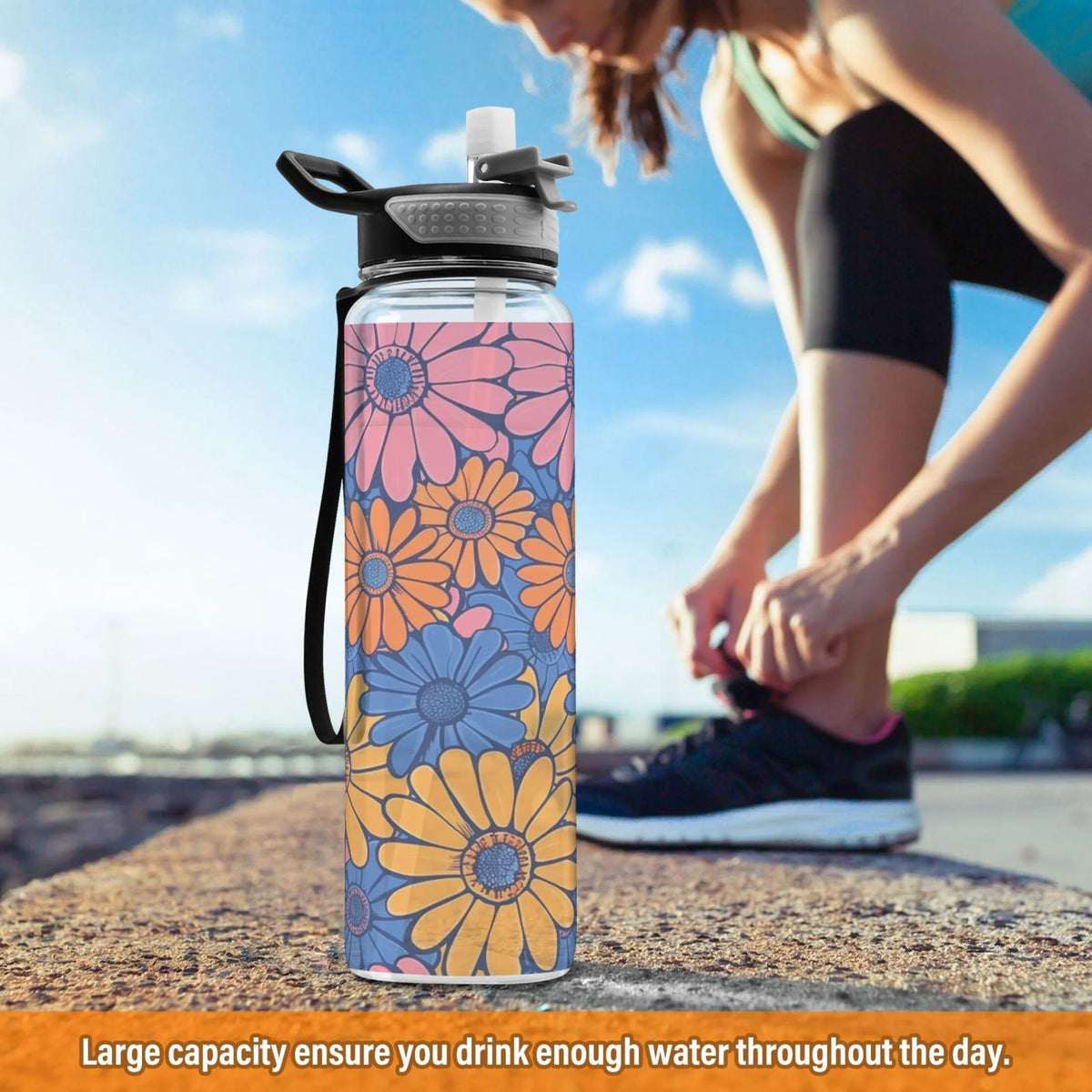 Blue and Pink Flowers 32oz Tritan Sports Water Bottle with Straw R168