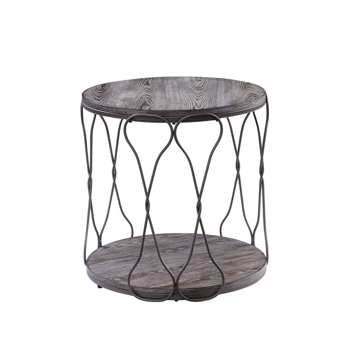 Gray and Brown Round Metal and Solid Wood End Table U934466