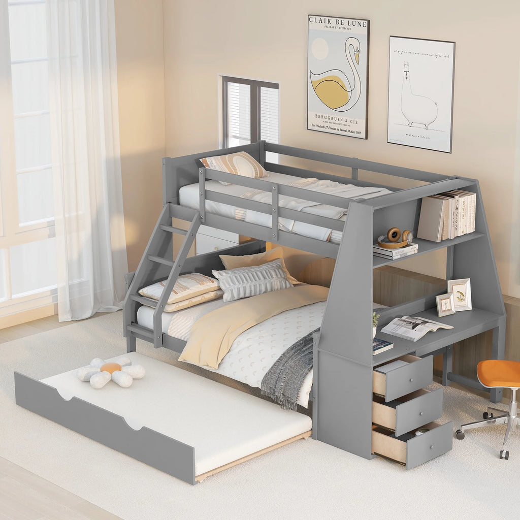 Twin over Full Bunk Bed with Trundle, Desk, 3 Drawers, Gray P9857