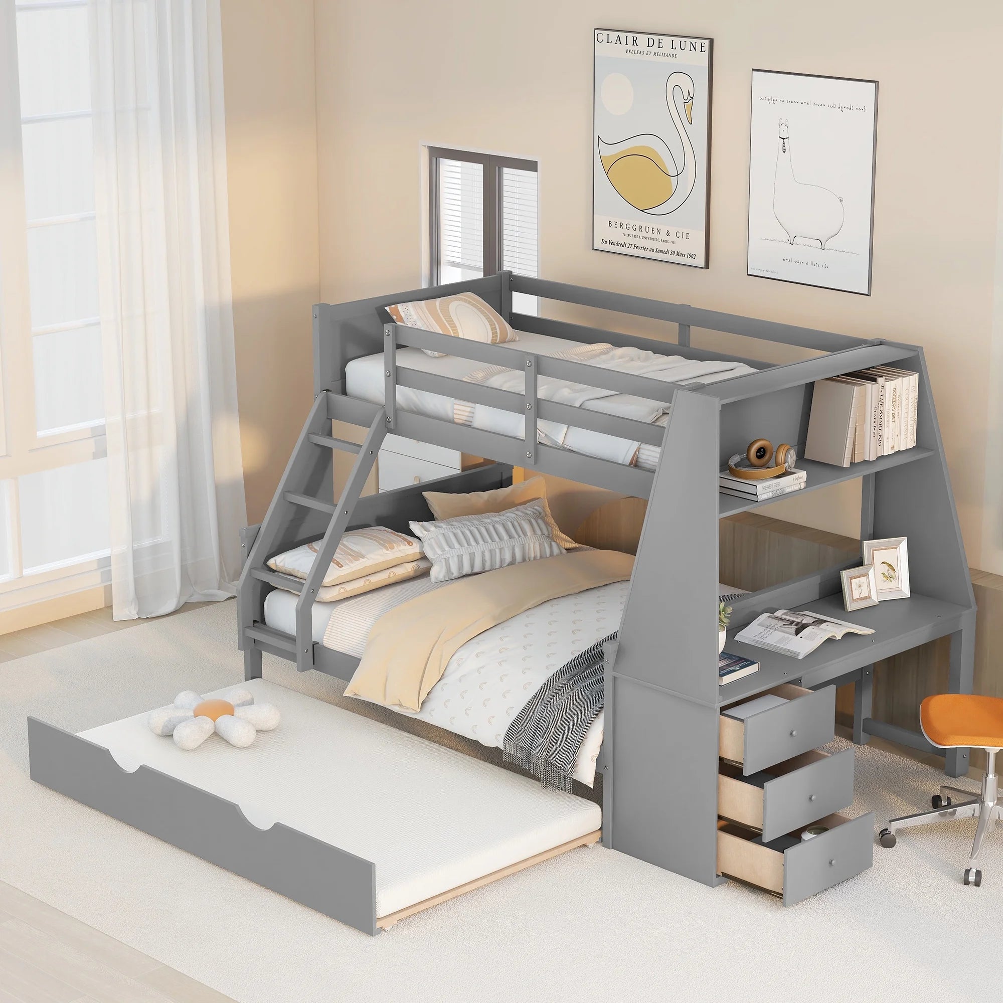 Twin over Full Bunk Bed with Trundle, Desk, 3 Drawers, Gray P9857
