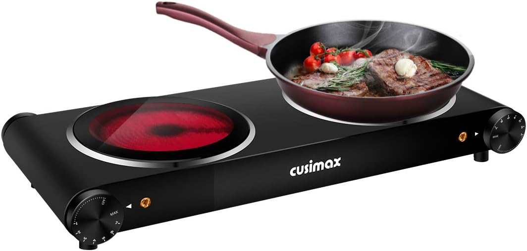 Electric Hot Plate 1500W Single Burner Cast Iron Portable Stove with Adjustable Temperature Control Silver Stainless Steel Non-Slip Rubber Feet Pack of 2 M864599