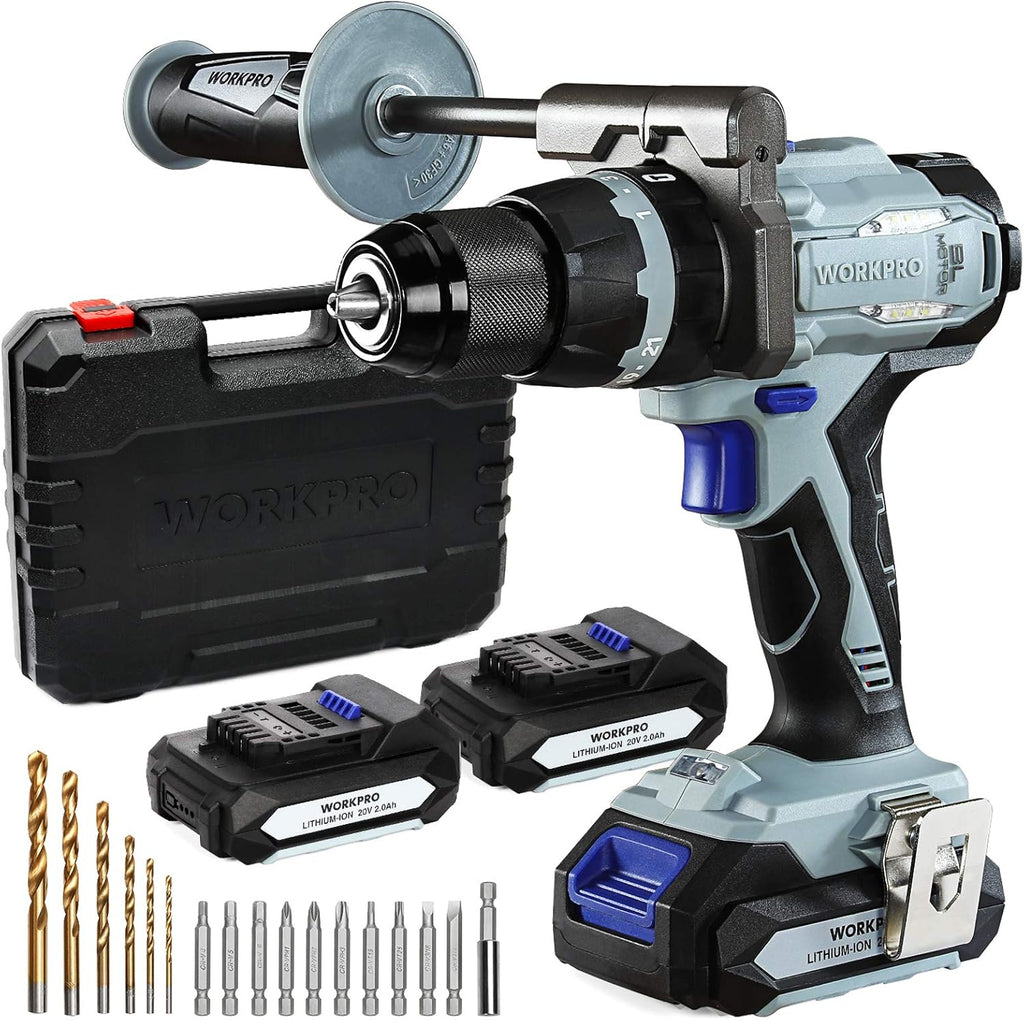 20V Brushless Cordless Drill with 2 Batteries 2.0 Ah and Auxiliary Handle G9014