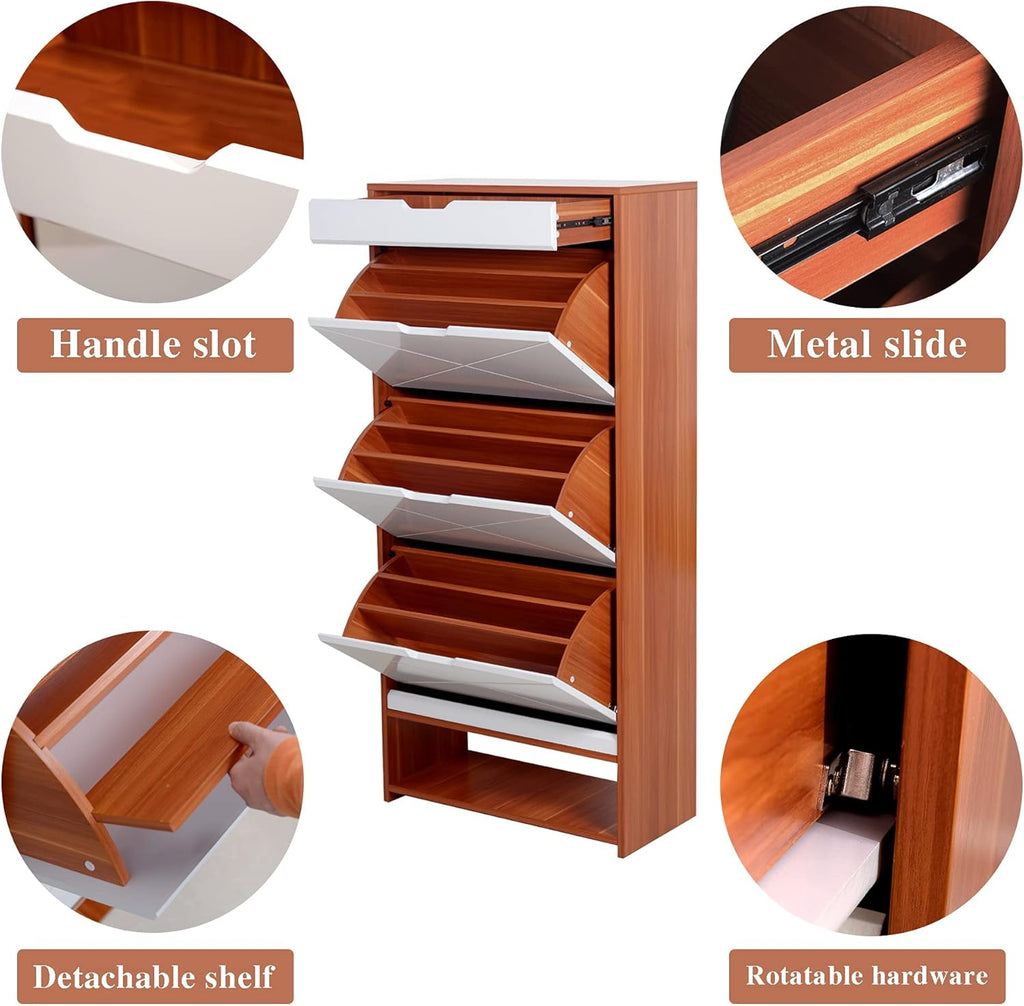 Shoe Storage Cabinet Wood with Doors and Shelves, 4 Fold Out Drawers Z482