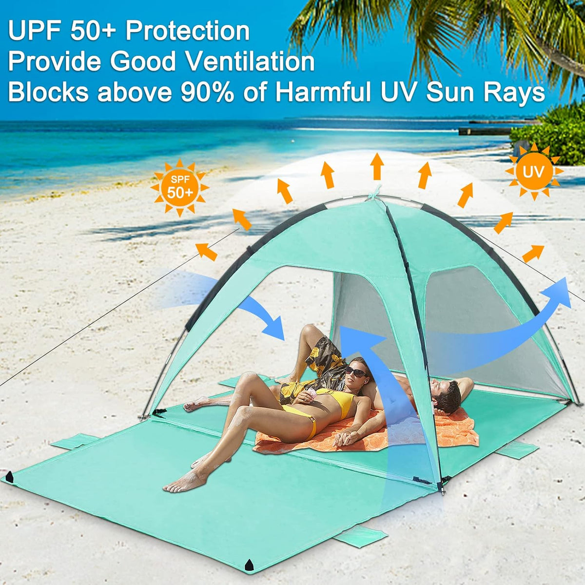 Beach Tent Canopy Sun Shelter UPF 50+ UV Protection, Portable Beach Shade Fit 3-4 Person, Lightweight, Breathable, Collapsible H3131