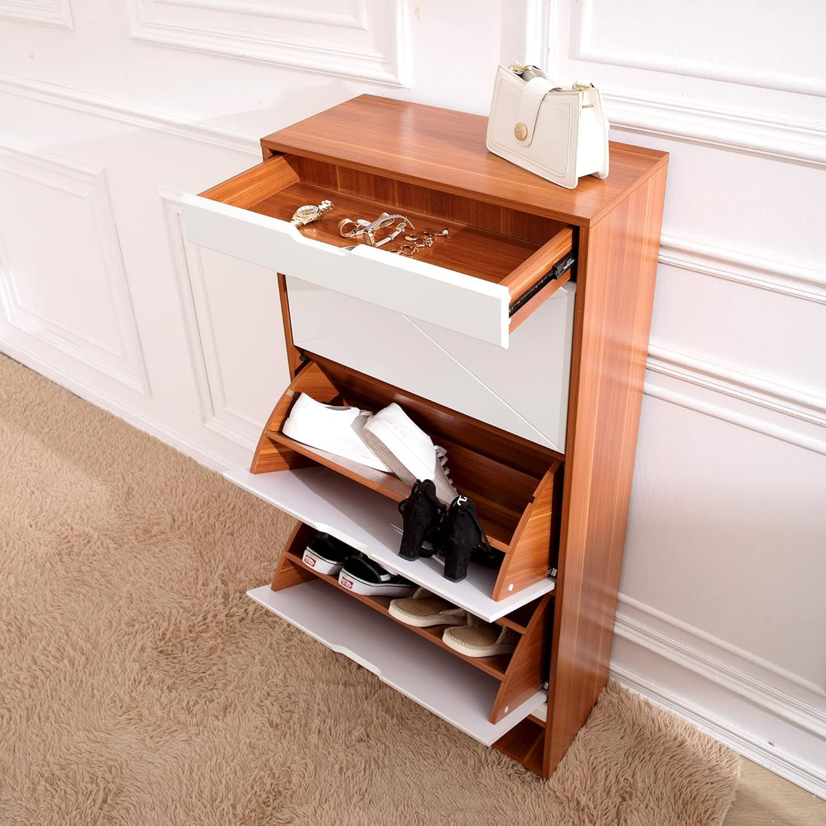Shoe Storage Cabinet Wood with Doors and Shelves, 4 Fold Out Drawers Z482