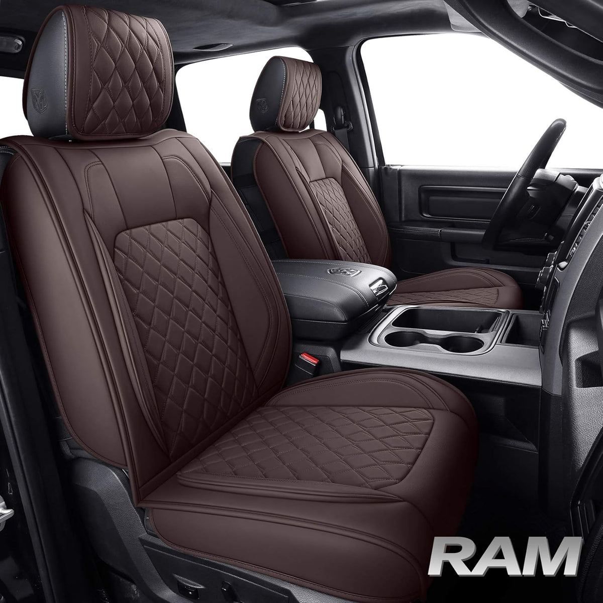 Black-Red Waterproof Leather Front Seat Covers for Dodge Ram Pickup W6797