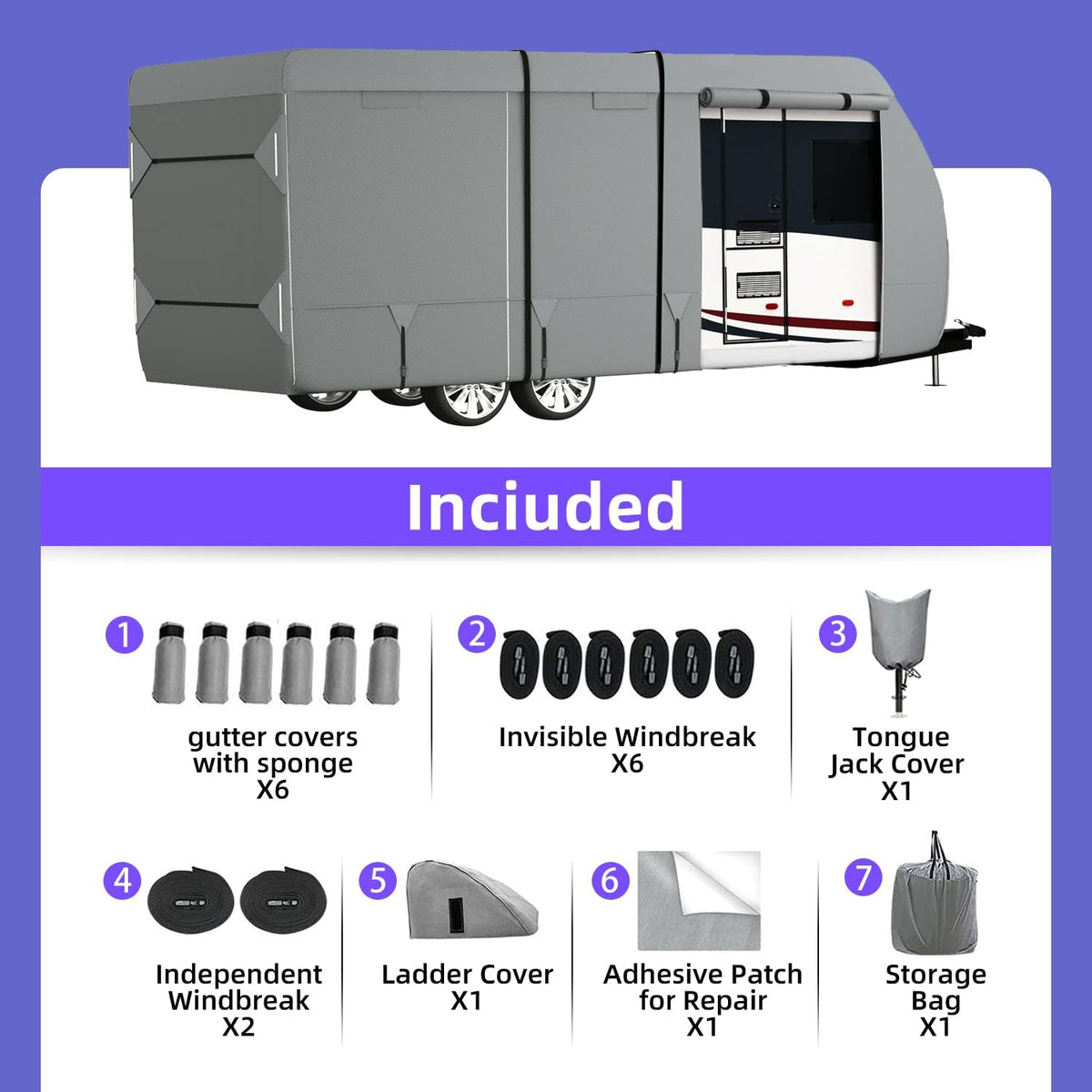 7 Layers Top Camper Cover for 24' to 27' RV with Tongue Jack Cover X7305