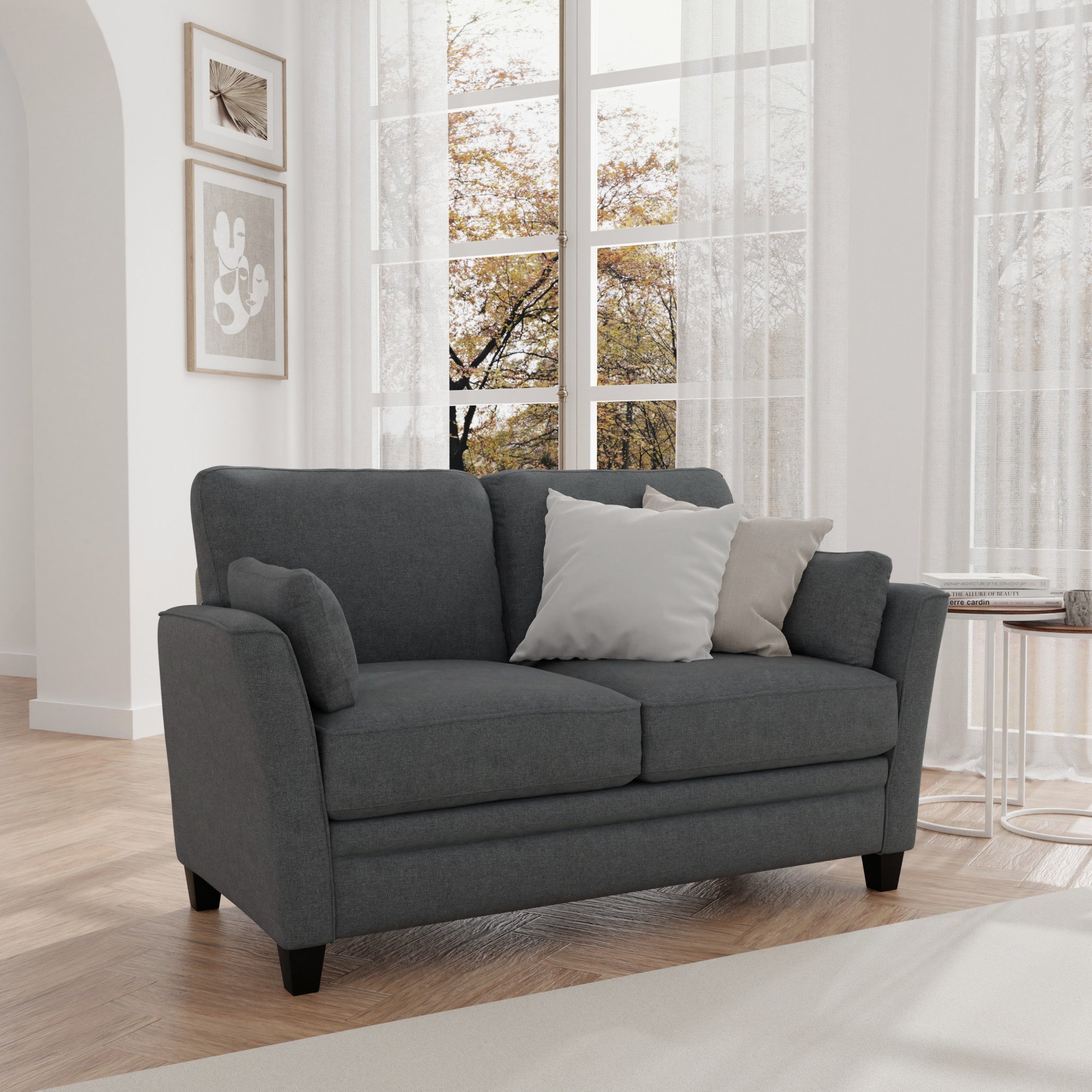 Gray Upholstered Loveseat with 2 Pillows L106