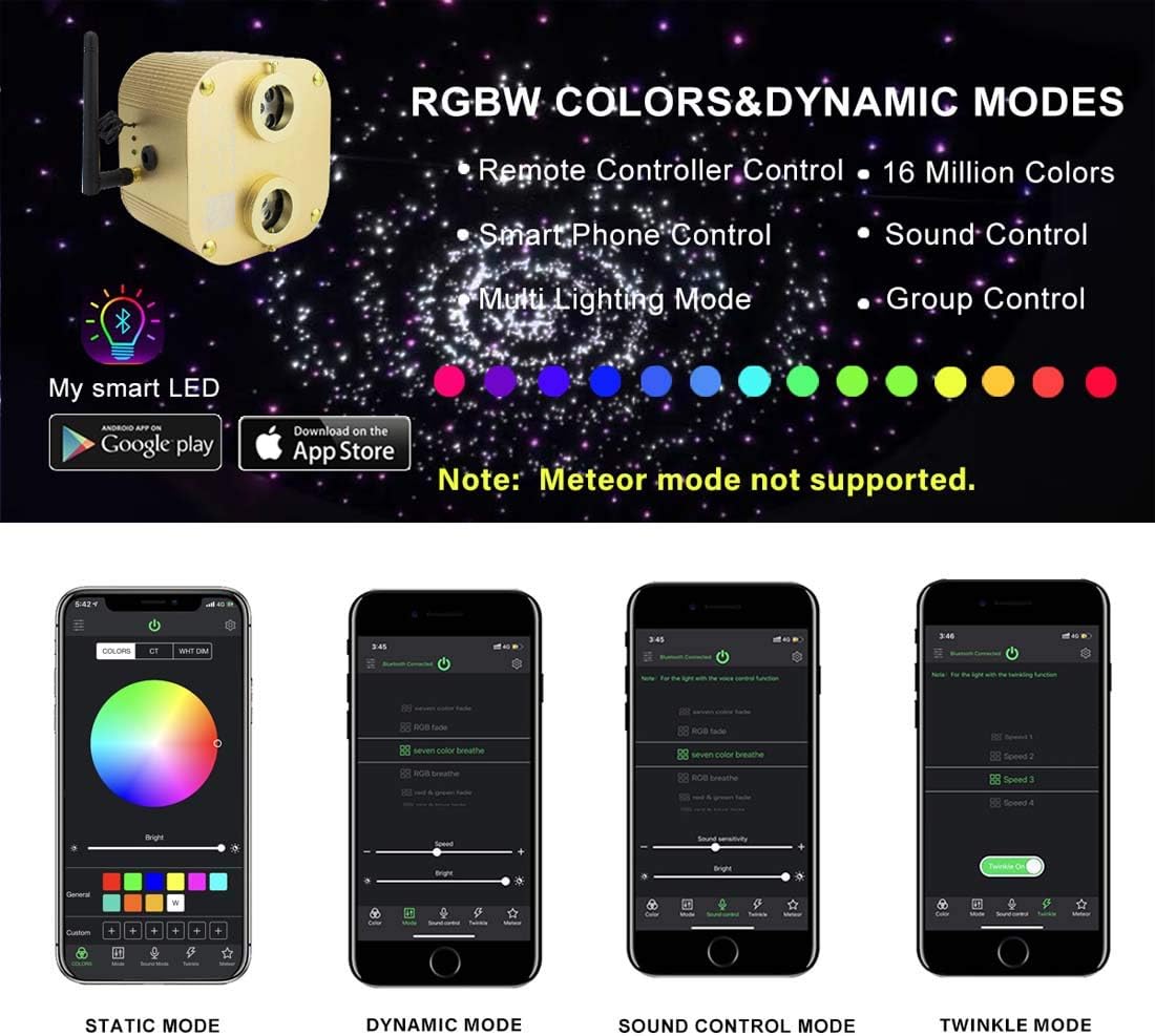 Bluetooth Fiber Optic Star Ceiling Lighting Kits Mixed 335pcs 13.1ft Fiber Strands End Glow RGBW Music Mode Light Source D3619