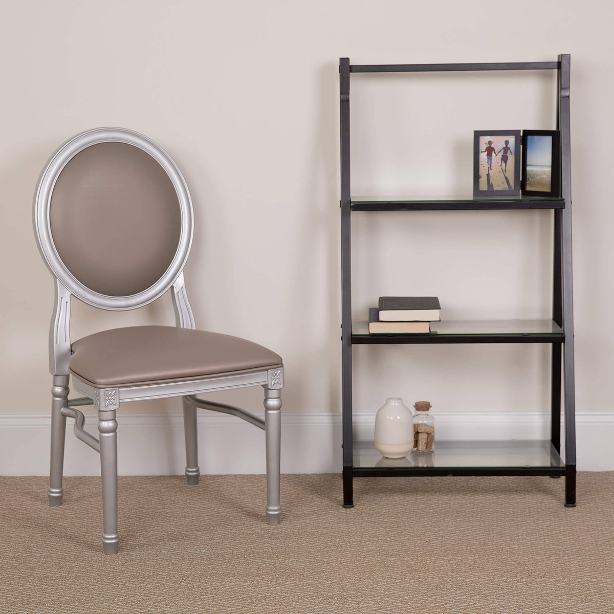 2 Pk. King Louis Chair with Taupe Vinyl Back and Seat and Silver Frame J9908