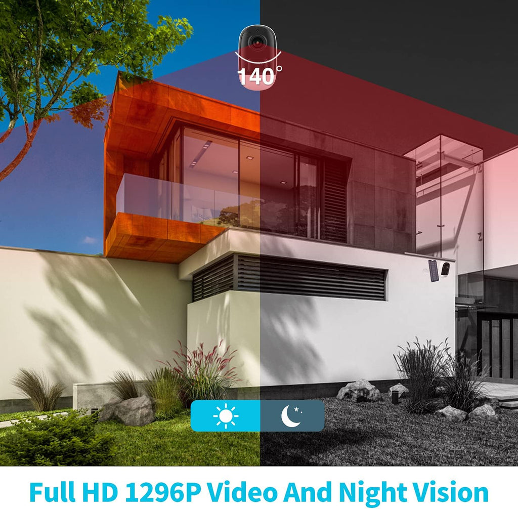 Wireless Security Camera Outdoor with Solar Panel, 5200mAh Rechargeable Battery, 2K WiFi Night Vision, IP66 Waterproof, PIR Motion Detection C891014