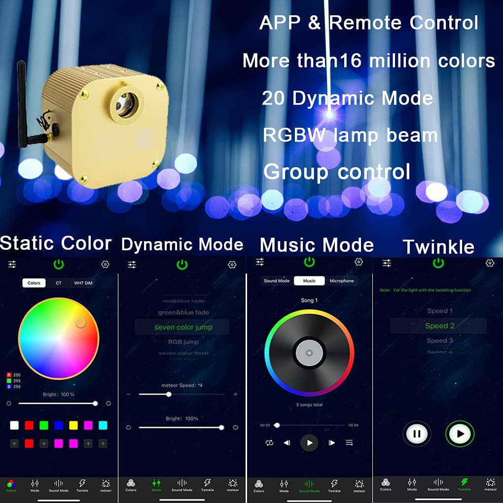 Bluetooth Fiber Optic Star Ceiling Lighting Kits Mixed 335pcs 13.1ft Fiber Strands End Glow RGBW Music Mode Light Source D3619