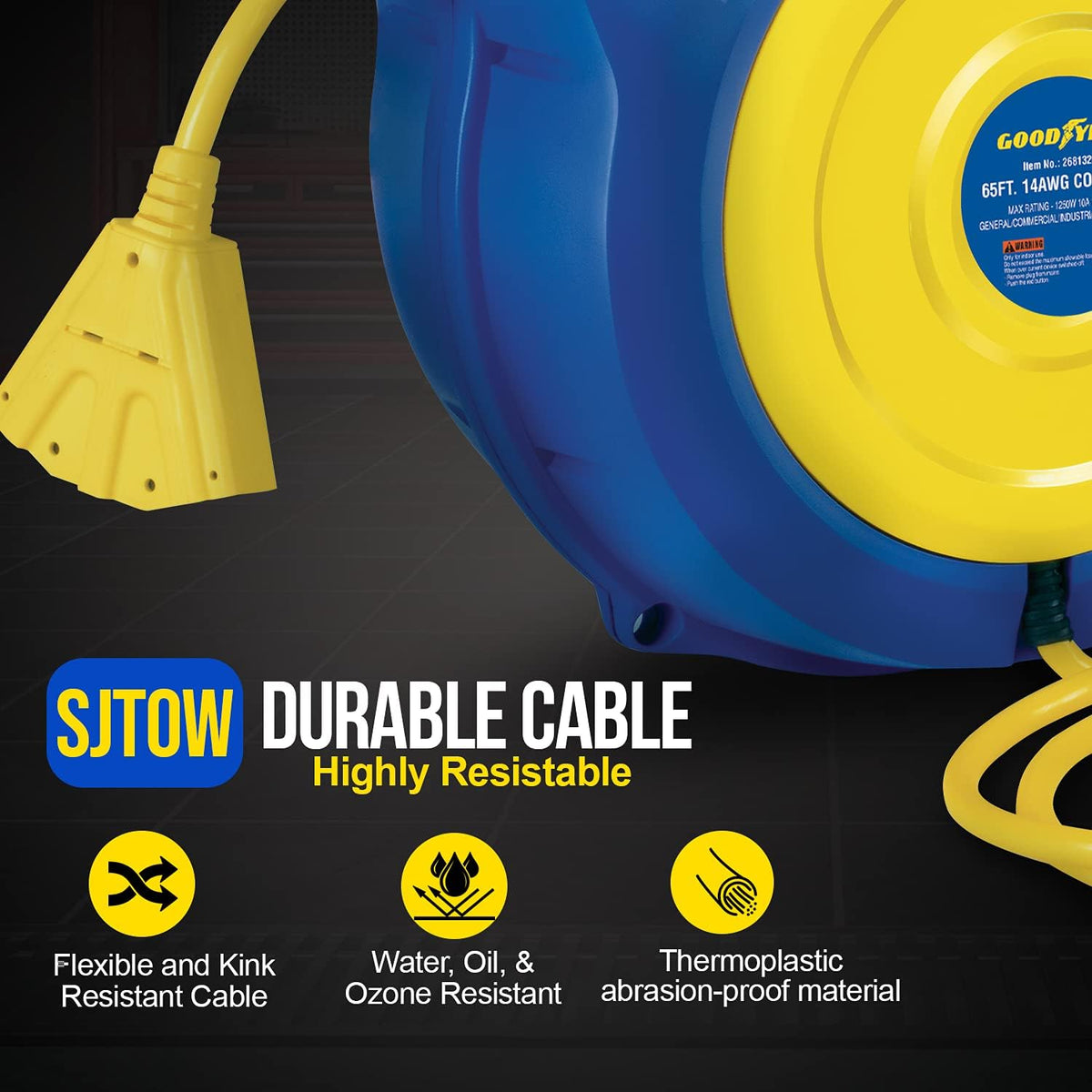 Retractable Extension Cord Reel 14AWG 65 Foot 3C/SJTOW Commercial Cable Triple Tap Connector Power 10A 125VAC 1250W X206