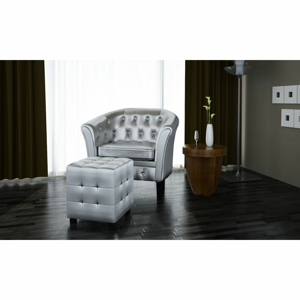 Silver Faux Leather Tub Chair with Footstool G3146