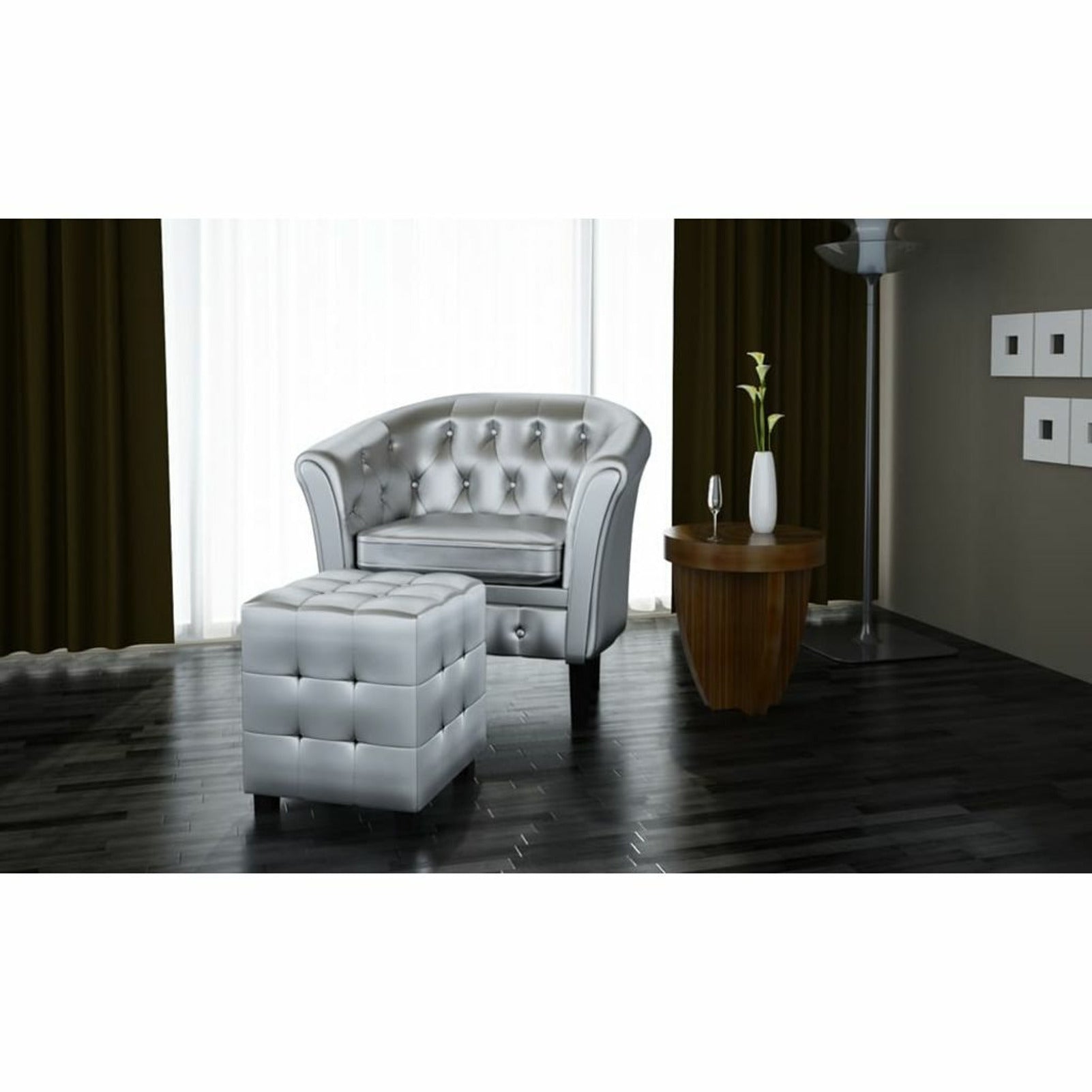 Silver Faux Leather Tub Chair with Footstool G3146