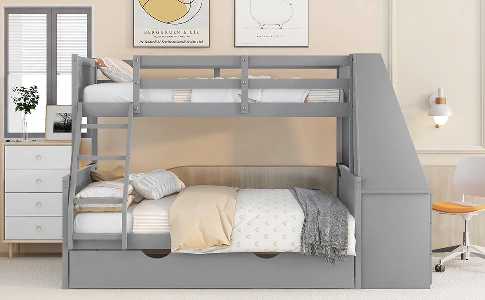Twin over Full Bunk Bed with Trundle, Desk, 3 Drawers, Gray P9857