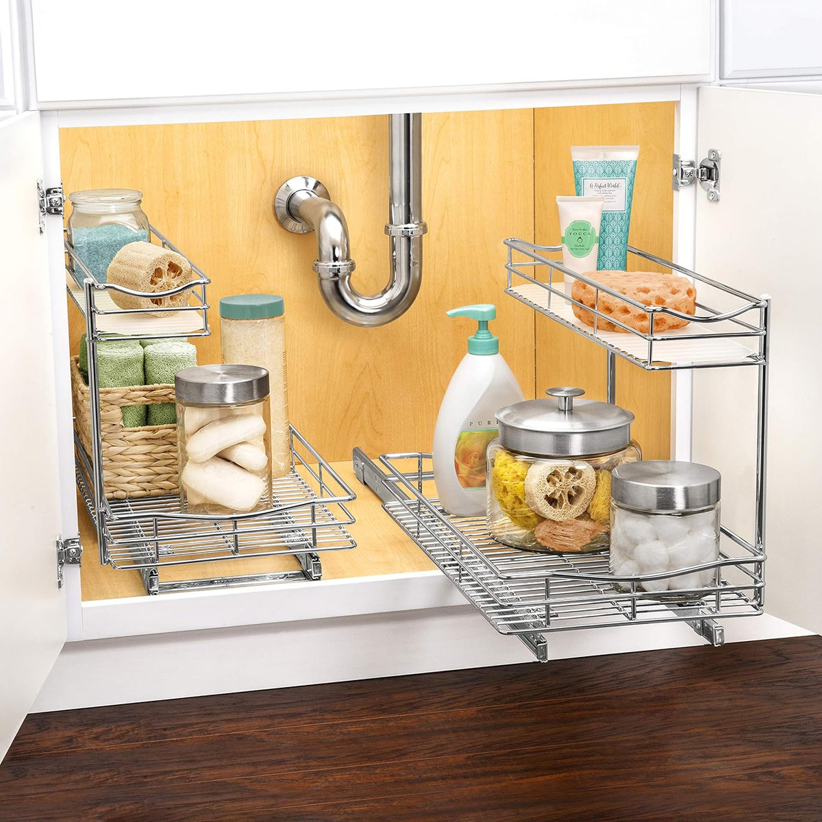 Under Sink Cabinet Organizer Pull Out Two Tier Sliding Shelf, Chrome O292416
