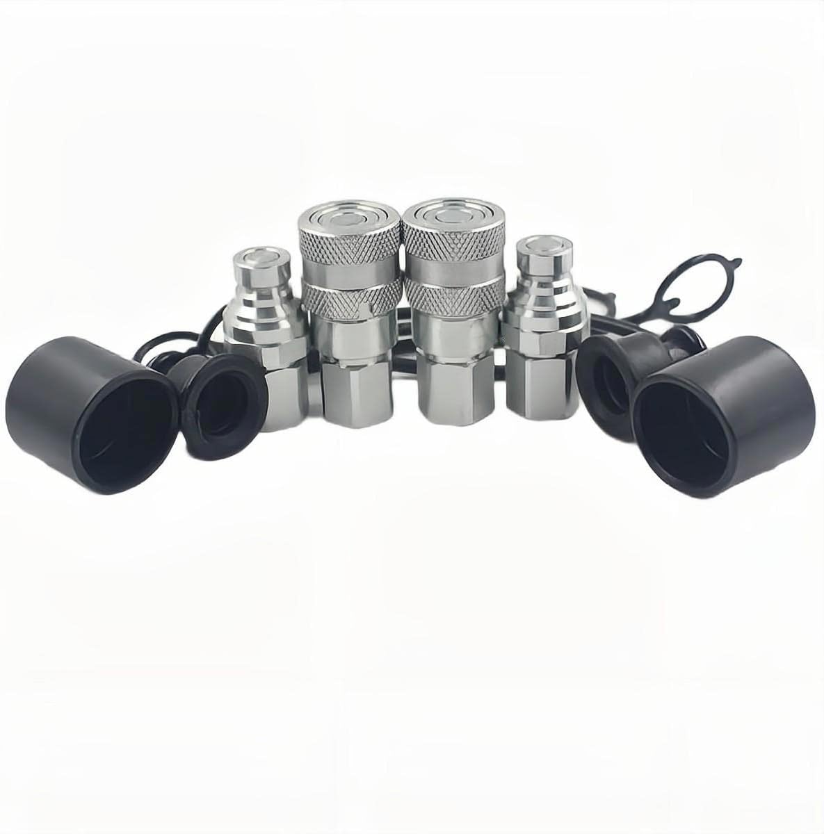 2-Sets ISO16028 1/4" Flat Face Hydraulic Quick Connect Coupling Set with Black Dust Cap NPT Thread I296249
