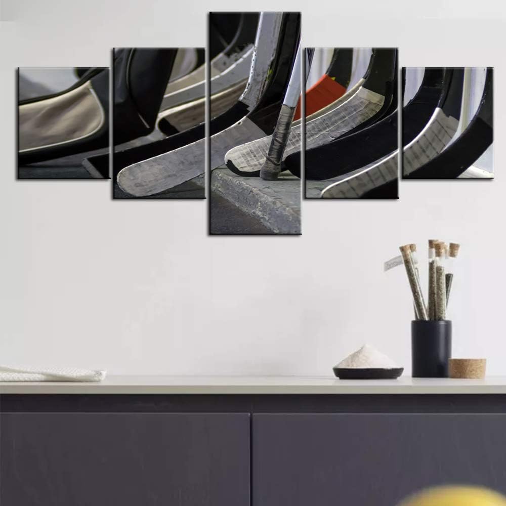 5 Panel Canvas Wall Art Hockey Stick and Puck Sliding Across The Ice Slap Shot Player Poster Stretched Framed (50''Wx24''H) H555