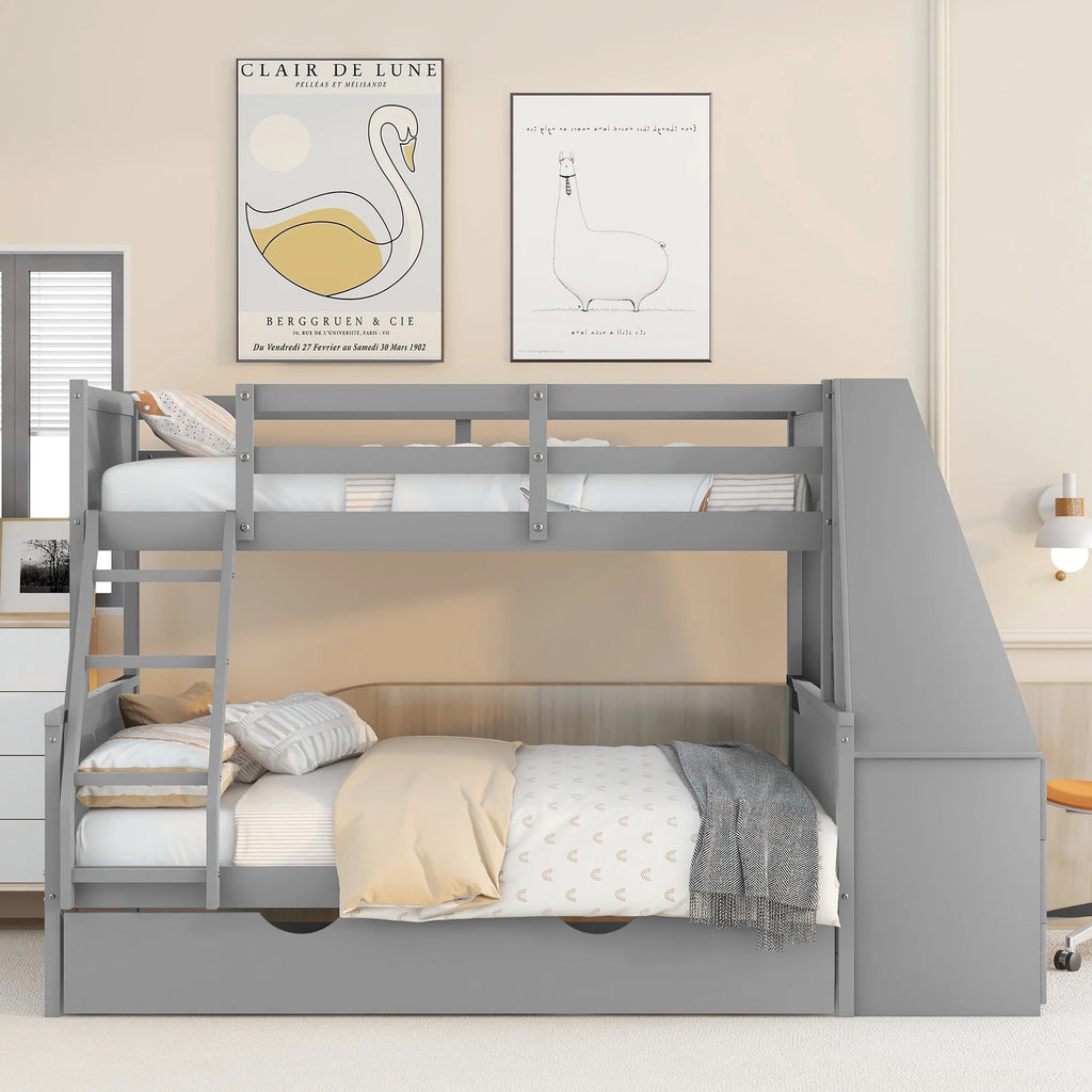 Twin over Full Bunk Bed with Trundle, Desk, 3 Drawers, Gray P9857