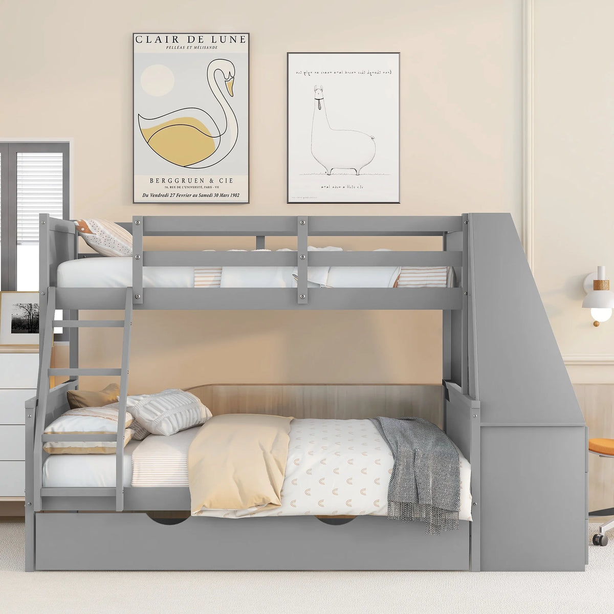 Twin over Full Bunk Bed with Trundle, Desk, 3 Drawers, Gray P9857