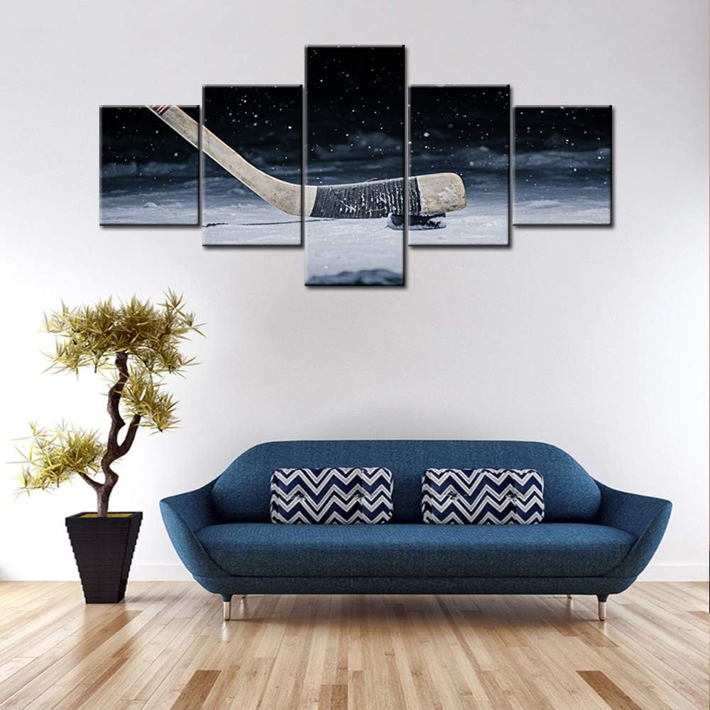 5 Panel Canvas Wall Art Hockey Stick and Puck Sliding Across The Ice Slap Shot Player Poster Stretched Framed (50''Wx24''H) H555