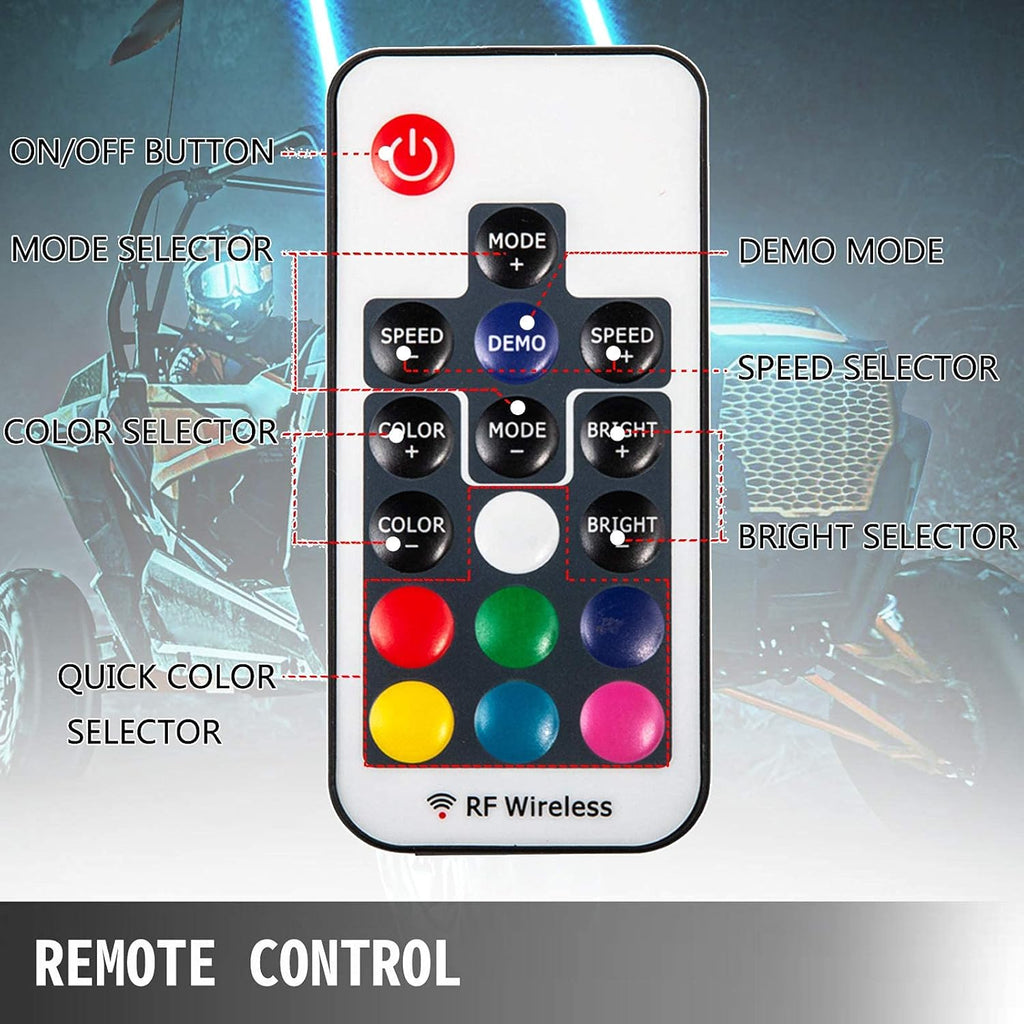 1PC 3FT 360° Spiral LED Whip Lights RGB Color Weatherproof RF Wireless Remote Pack of 2 J566718