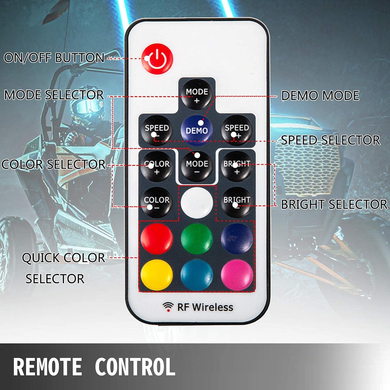 1PC 3FT 360° Spiral LED Whip Lights RGB Color Weatherproof RF Wireless Remote Pack of 2 J566718