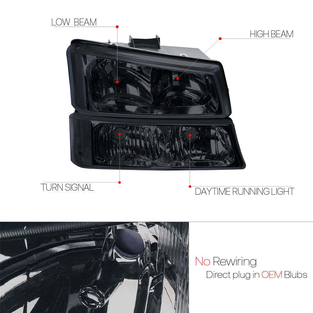 Smoke Tinted Headlight with Clear Signal for 2003-2006 Chevrolet Silverado and Avalanche M4035